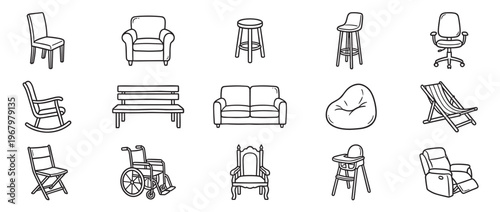 Collection of various hand-drawn furniture items, including chairs, sofas, and stools, depicted in a simple outline style
