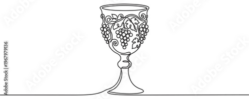 Single continuous line drawing of an ornate goblet adorned with grapevines and clusters of grapes, presented in a minimalist art style