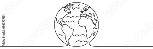 Simple continuous line drawing of the Earth globe with continents and ocean waves, rendered in a minimalist black and white style