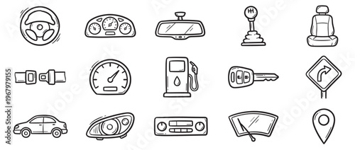 Various hand-drawn doodle style car parts and driving elements are arranged neatly on a white surface, featuring a steering wheel, speedometer, and gas pump
