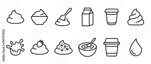 Collection of various dairy product line icons, including whipped cream, milk cartons, and yogurt cups, presented in a clean, minimalist style