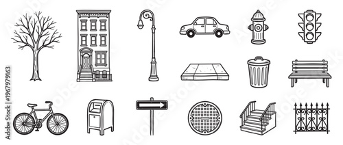 Collection of various hand-drawn urban street elements and city objects in a simple black and white line art style