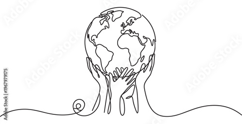 Continuous line drawing of multiple hands holding up the Earth, symbolizing global unity and environmental care
