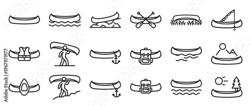 Collection of various simple black outline canoe and kayak icons depicting different outdoor activities and scenarios