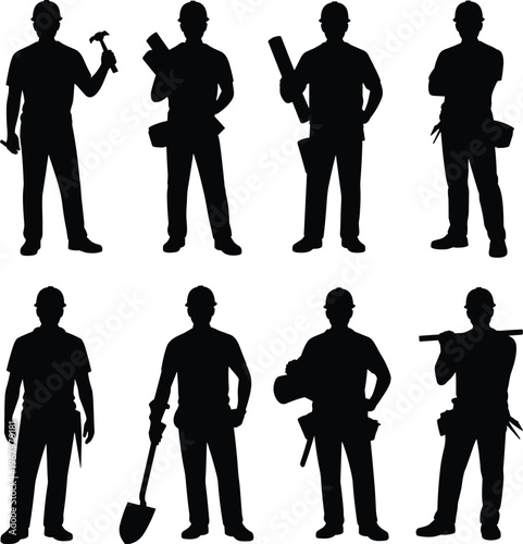 Construction worker silhouettes set, builders with tools poses collection, handyman and engineer figures vector illustration, industrial labor icons, black isolated flat design