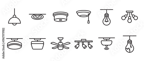 Collection of various outline icons representing different types of ceiling lights and fixtures, including pendants, recessed, and fan lights