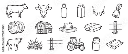 Collection of black and white line art illustrations depicting various farm and dairy-related objects in a simple, graphic style