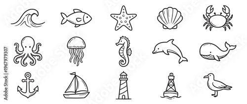 Collection of hand-drawn black outline icons representing various marine life and nautical elements in a simple, clean style