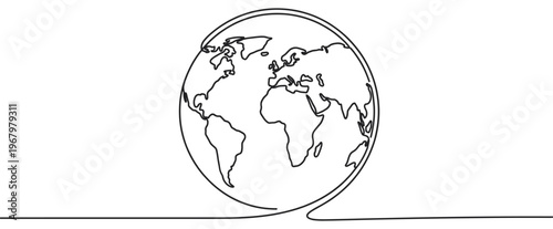 Continuous line drawing of a stylized world map globe, showing continents in a minimalist black outline on a white surface