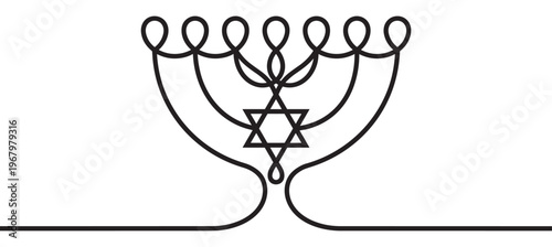 Minimalist black line art menorah with a Star of David in the center, symbolizing Jewish faith and tradition