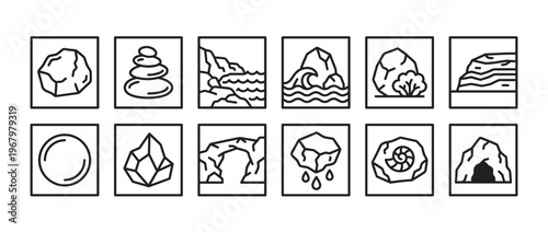 These black outline icons depict various natural elements and geological formations, including rocks, water, and caves, in a simple, modern style