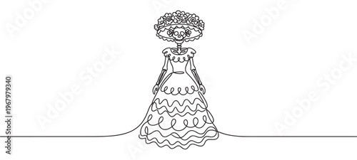 Continuous line drawing of a Catrina skeleton figure wearing a wide-brimmed hat adorned with flowers and an elegant dress