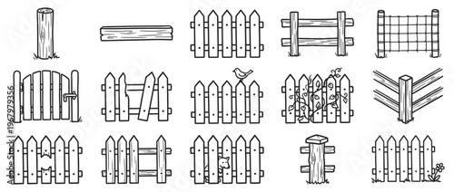 Various hand-drawn black and white illustrations of different wooden fences, gates, and fence posts with simple details