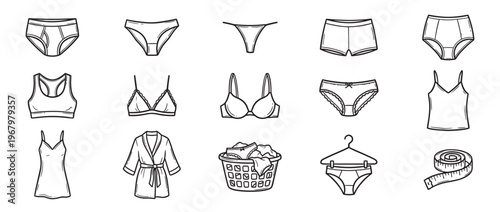 Various black and white hand-drawn lingerie and underwear icons are arranged neatly, showcasing different styles of intimate apparel and related items