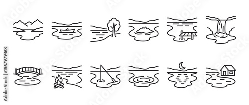 Collection of twelve simple black outline icons depicting various water bodies and related outdoor activities