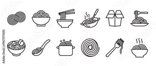 Collection of black outline noodle icons depicting various dishes and serving styles in a clean, graphic illustration