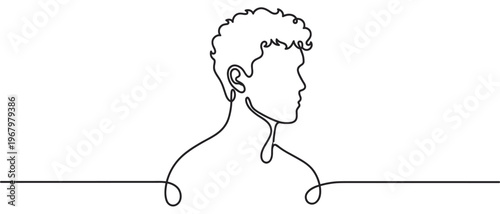 Continuous line drawing of a young man's profile with curly hair, looking forward in a minimalist style
