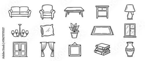 Various hand-drawn black and white icons representing common furniture and home decor items, showcasing a charming doodle style