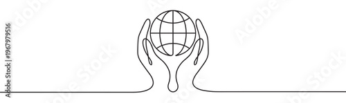Continuous line drawing of two hands holding a globe, symbolizing global protection and environmental care