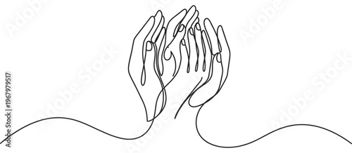 Two human hands in a continuous line art drawing style, cupped together in a gesture of giving or receiving