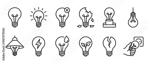 Collection of various simple black outline lightbulb icons illustrating different states and concepts in a clean, modern style