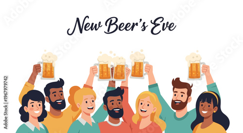 Illustration of diverse friends cheering with beer glasses on New Beer's Eve against a clean white background with a festive mood.