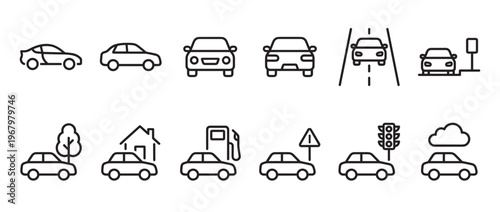 Collection of twelve simple black outline car icons depicting various driving scenarios and vehicle types