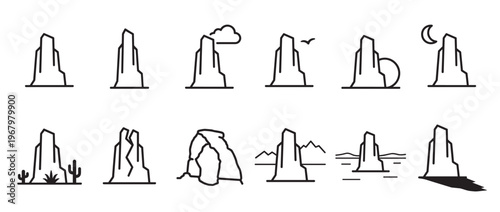Collection of simple line art icons depicting various rock formations and desert landscapes in a minimalist style
