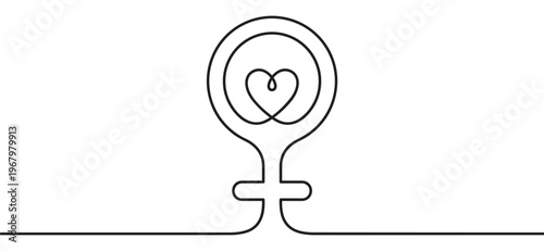Continuous line drawing of the female gender symbol with a heart inside, representing love and femininity