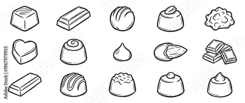 Collection of various hand-drawn chocolate candies and ingredients in a simple black and white outline style