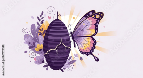 Vibrant butterfly emerging from cocoon surrounded by floral elements and abstract swirls on light purple background