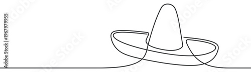 Single continuous line drawing of a traditional Mexican sombrero hat with a wide brim, minimalist style