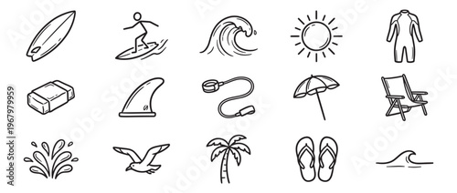 Collection of hand-drawn black outline icons representing various beach and surfing related elements on a clean white surface