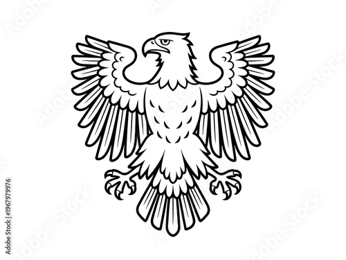 Majestic heraldic eagle illustration featuring a bold bald eagle soaring with wings spread wide in a symmetrical profile drawing suitable for professional logos insignia emblems crests or artistic sym