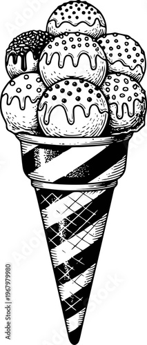 Black and white line of a stacked ice cream cone with sprinkles and drizzles dessert