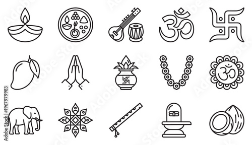 This collection of black outline Hindu religious icons features various symbols, objects, and deities in a clean, minimalist style