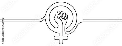 Powerful black line art illustration depicts a raised fist inside the female gender symbol, symbolizing women's empowerment and strength