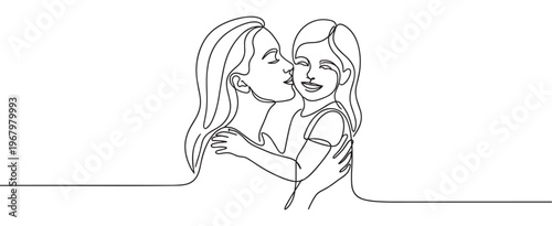 Beautiful continuous line drawing of a mother kissing her happy daughter, showing love and affection with simple, elegant strokes
