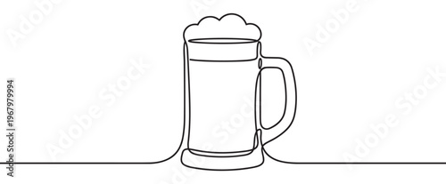 Single continuous line drawing of a beer mug with foam on top, presented in a minimalist art style