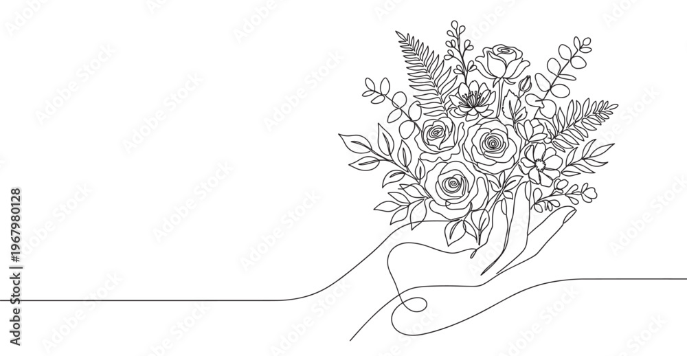 Obraz premium Beautiful continuous line drawing of hands holding a delicate bouquet of roses and various foliage, creating an elegant floral design