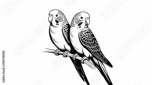 A detailed monochromatic black and white illustration featuring a pair of adorable budgie parakeets perched together on a slender branch symbolizing friendship, pet companionship, love, and nature the