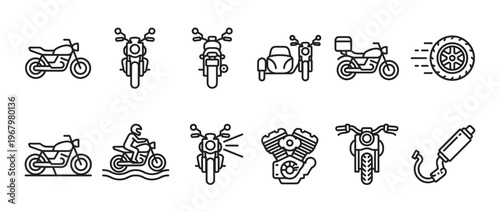 Collection of black outline motorcycle icons, including various bike styles, parts, and a rider, presented in a clean, graphic vector art style