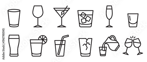 Collection of various outline drink glasses and beverage icons, including wine, cocktail, and beer glasses, presented in a clean, minimalist style