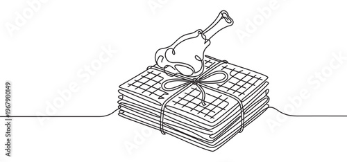 Continuous line drawing depicts a stack of neatly folded, gridded napkins tied with a bow, with a chicken leg resting on top