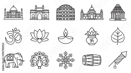 Collection of various black outline icons representing Indian culture, landmarks, and religious symbols, presented in a clean, minimalist style