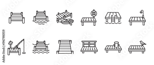 Collection of various simple line art pier and dock icons in a clean, minimalist style