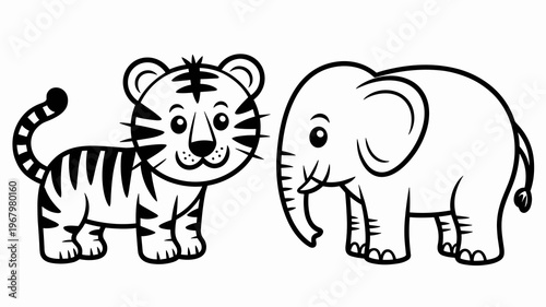 Cute cartoon tiger and elephant standing side by side in a simple outline drawing for children coloring books, featuring adorable animal characters with thick bold lines on a clean white background fo
