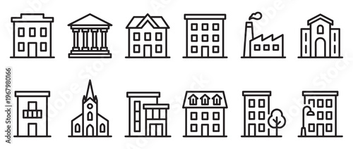 Collection of various outline building icons, including houses, apartments, a church, and a factory, presented in a clean, modern style