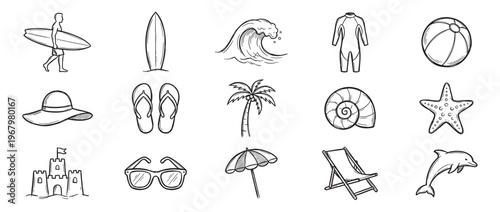 Collection of hand-drawn black and white summer and beach-themed doodle icons, including a surfer, palm tree, and seashell
