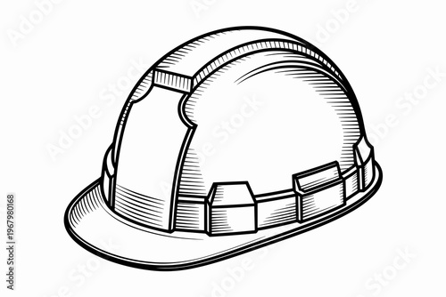 A detailed industrial hard hat safety helmet line art illustration, professional protective headgear icon for construction site development, engineering work, manufacturing projects, and safety gear d